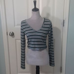 Shein striped v-neck crop top, green white, gray